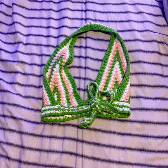 Lime green and pink knit halter crop top - Picture 2 of 2
